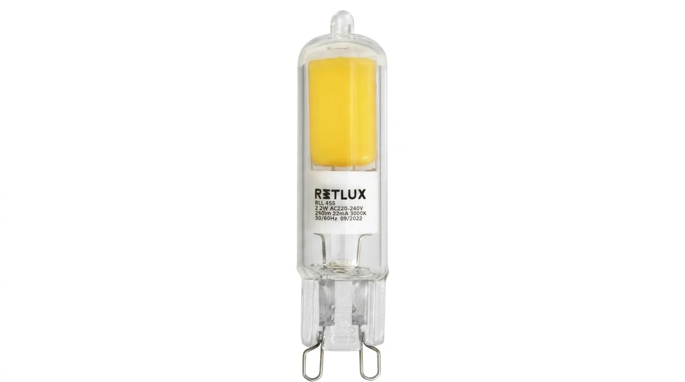 Kompaktná LED žiarovka Retlux RLL 455 s priehľadnou kapsulou, žltým svetelným jadrom a päticou G9.