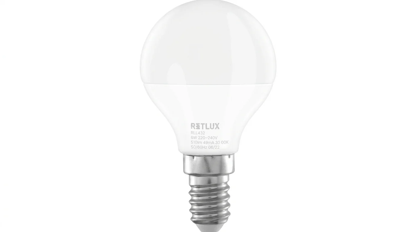 Bílá LED žárovka Retlux RLL 432 tvaru mini globe s paticí se závitem E14.