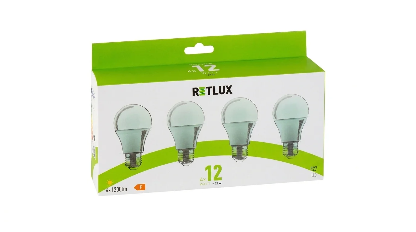 Balenie štyroch LED žiaroviek Retlux s päticou E27 a výkonom 12 W v bielo-zelenej papierovej škatuľke.