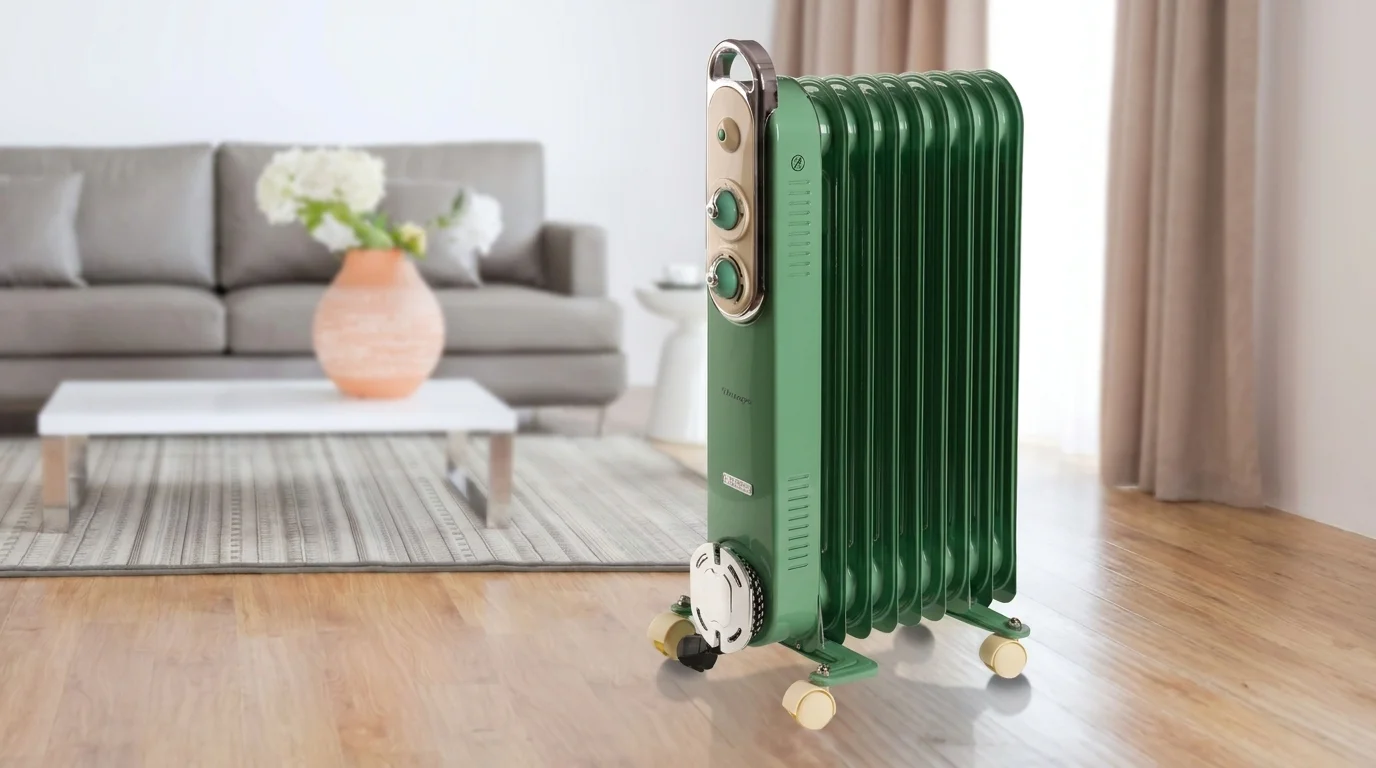 Zelený olejový radiátor Ariete Vintage v retro designu padesátých let s devíti topnými články stojí na dřevěné podlaze.
