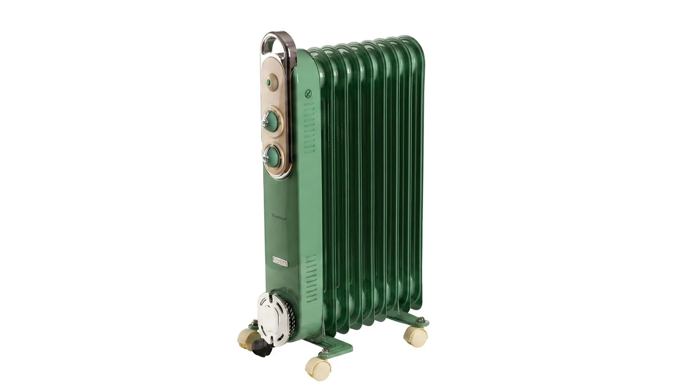 Zelený olejový radiátor Ariete Vintage v retro designu s devíti topnými články a otočnými kolečky.