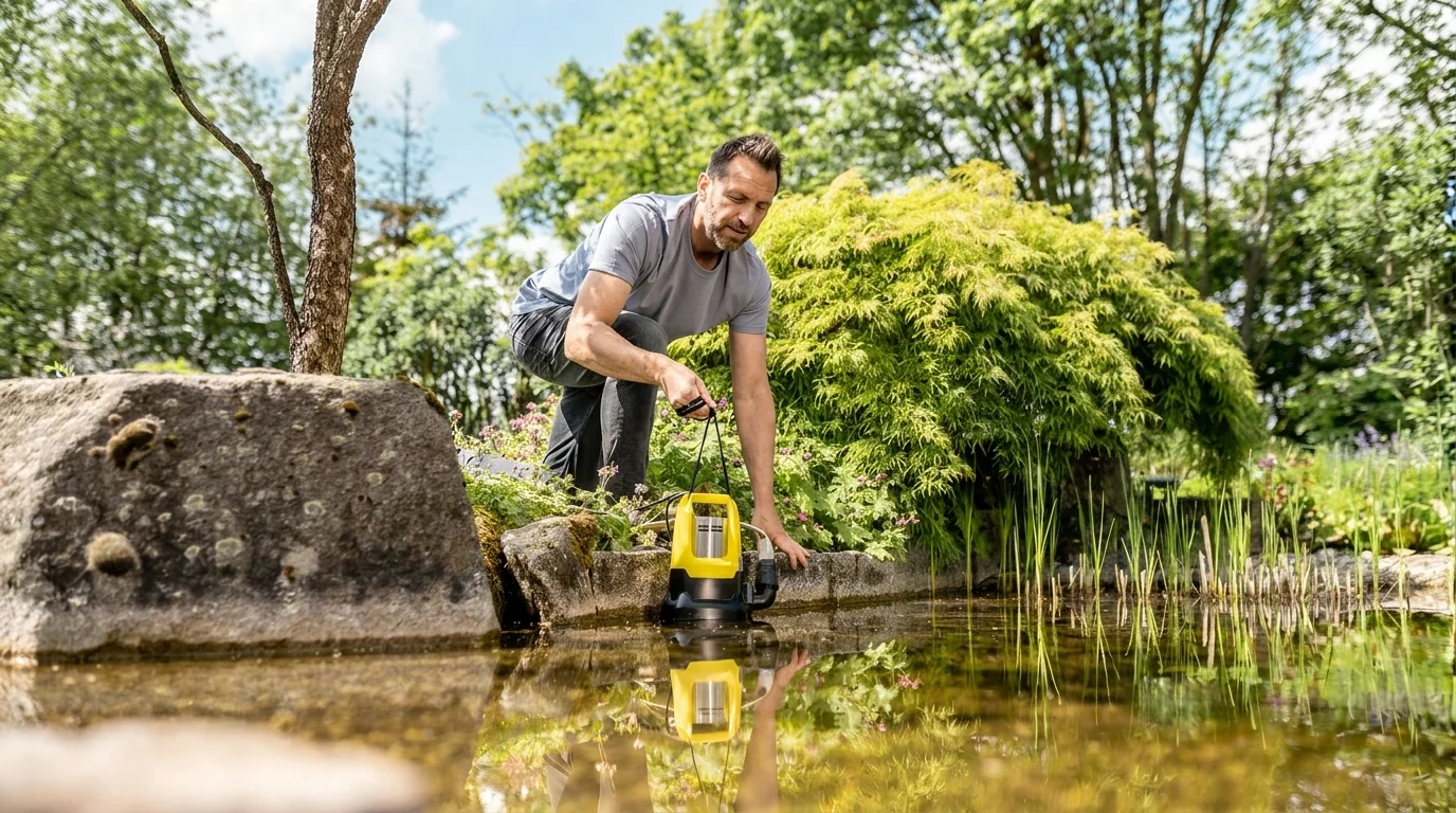 Muž spouští ponorné kalové čerpadlo Kärcher za lanko do zahradního jezírka.