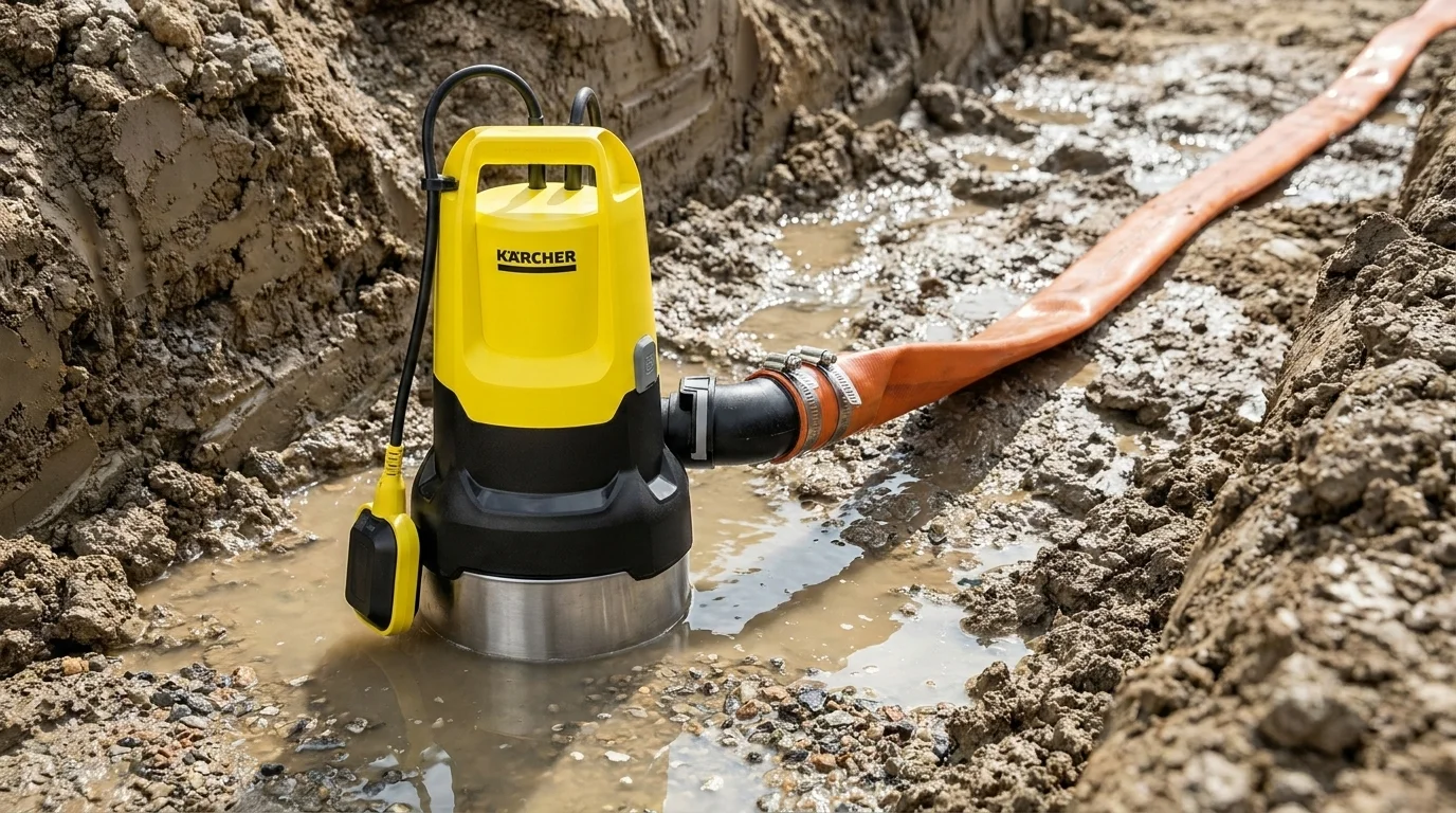 Ponorné kalové čerpadlo Kärcher Dirt SP 22.000 s připojenou oranžovou hadicí odčerpává zakalenou vodu ve výkopu.