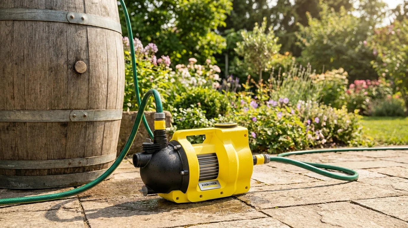 Zahradní čerpadlo Kärcher BP 4.500 Garden s připojenými hadicemi stojí na dlažbě vedle dřevěného sudu na zahradě.