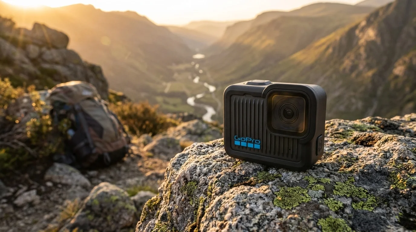 Kamera GoPro HERO v černém ochranném pouzdře položená na skále s výhledem na horské údolí.