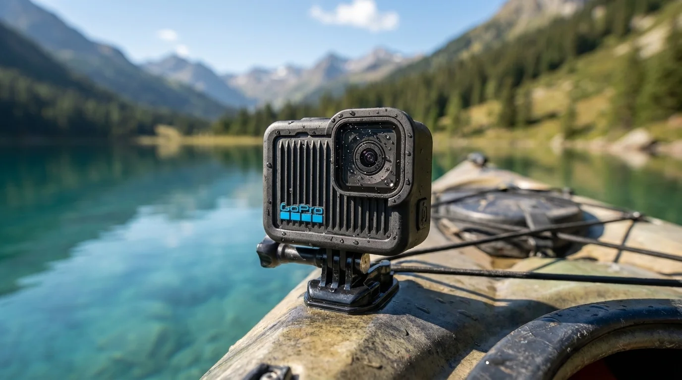 Kamera GoPro HERO v černém ochranném pouzdru připevněná na kajaku na horském jezeře.
