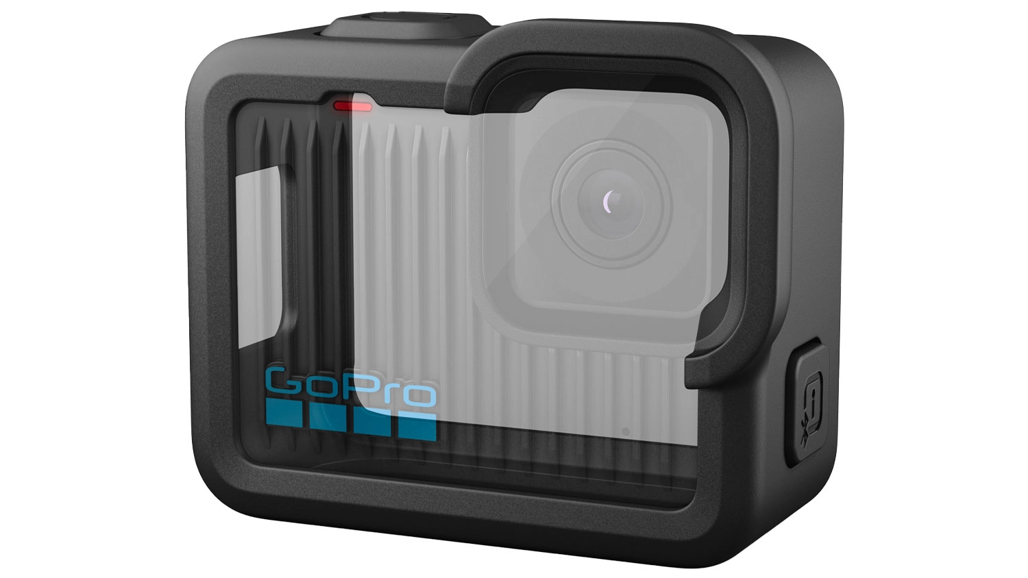 Černé ochranné gumové pouzdro nasazené na akční kameře GoPro HERO (2024).