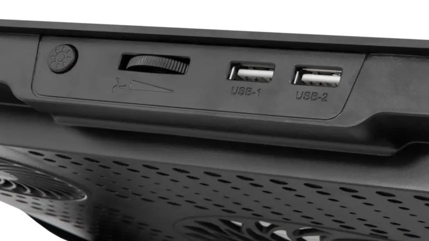 Detail ovládacího panelu chladicí podložky White Shark AURORA s tlačítkem osvětlení, otočným regulátorem a dvěma USB porty.