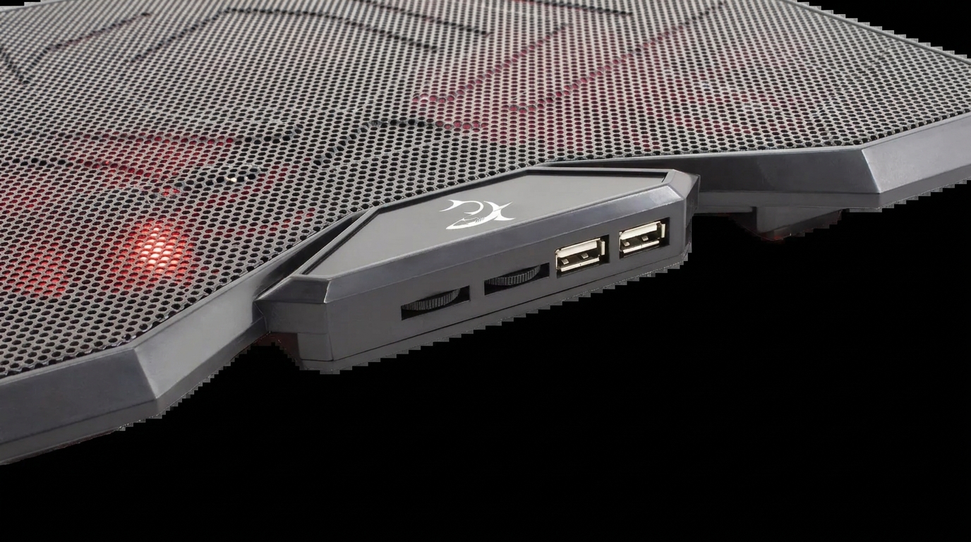 Detail chladicí podložky White Shark ICE WIZARD se dvěma USB porty, regulátory otáček a červeným podsvícením.