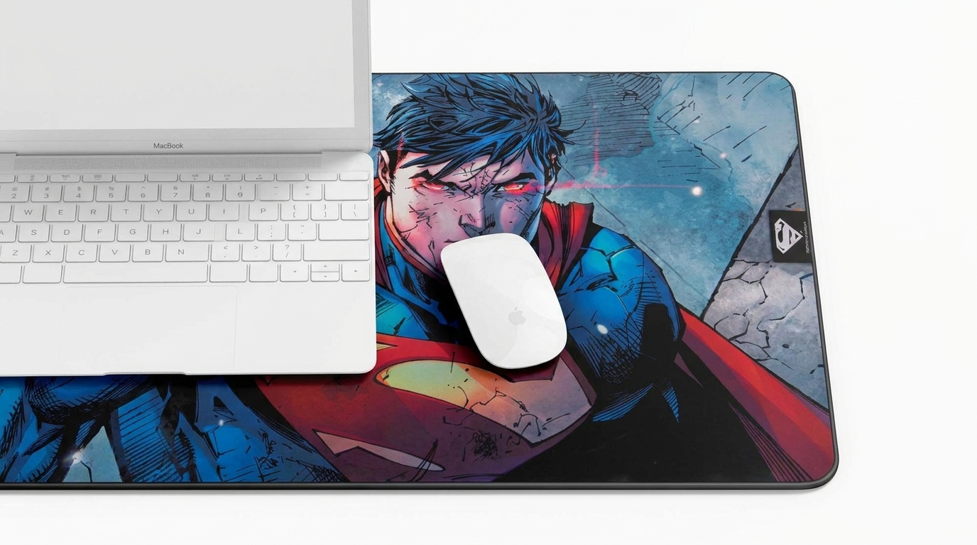 Podložka pod myš s komiksovým motivem Supermana, na které leží bílý notebook a myš.
