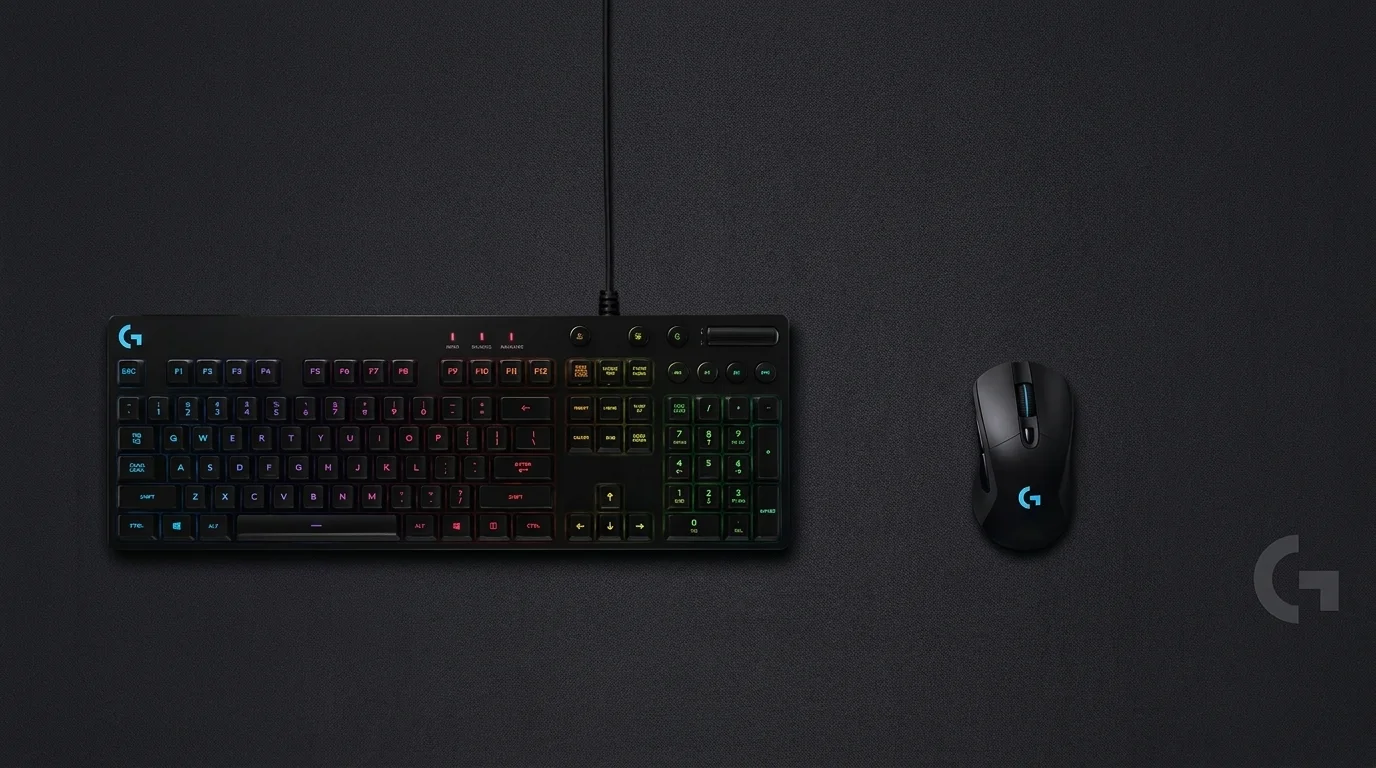 Černá herní podložka Logitech G840 XL s položenou podsvícenou klávesnicí a myší z pohledu shora.