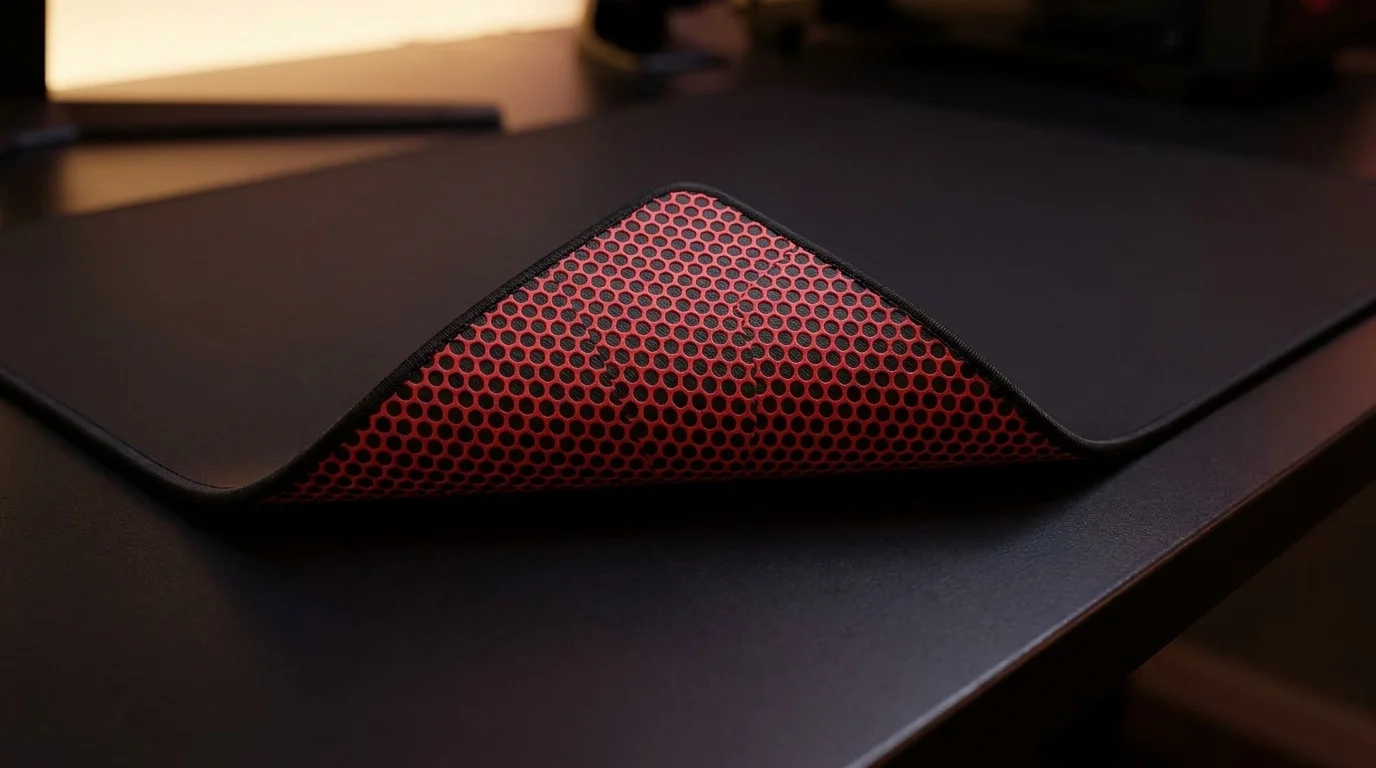 Čierna podložka pod myš HyperX Pulsefire Mat s nadvihnutým rohom odhaľujúcim červenú protišmykovú gumovú základňu.