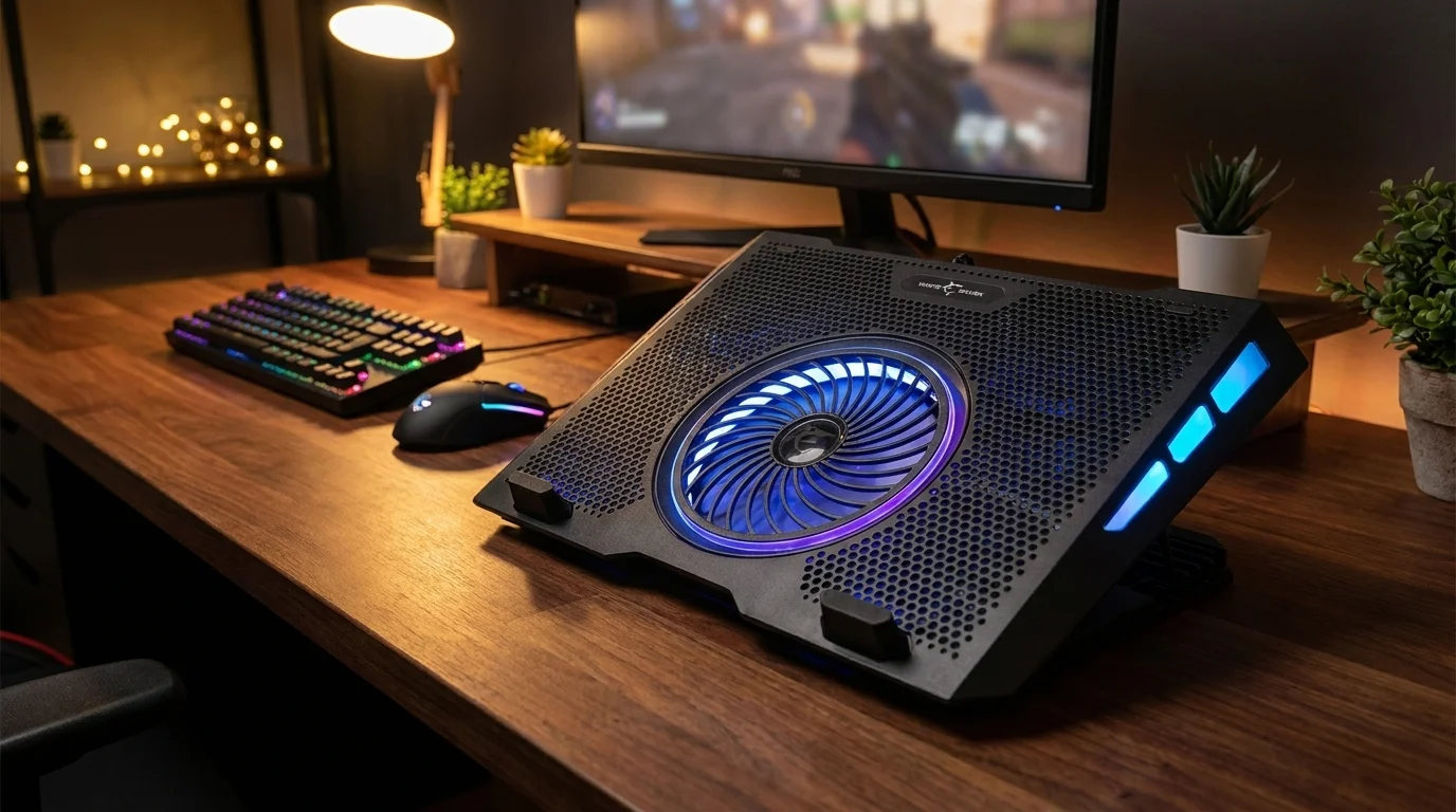 Chladicí podložka White Shark AURORA s modře podsvíceným ventilátorem na dřevěném stole před monitorem.