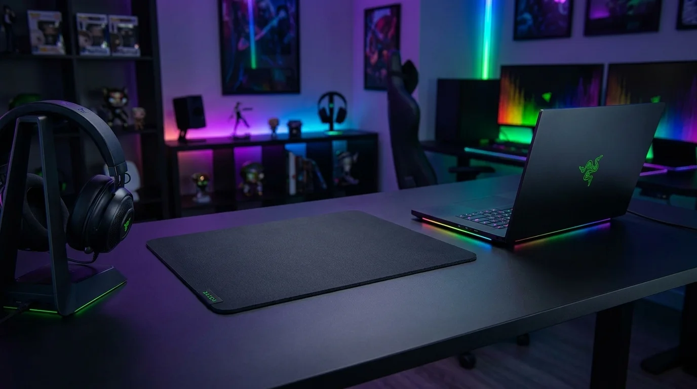 Čierna herná podložka pod myš Razer Gigantus V2 na stole vedľa herného notebooku a slúchadiel.