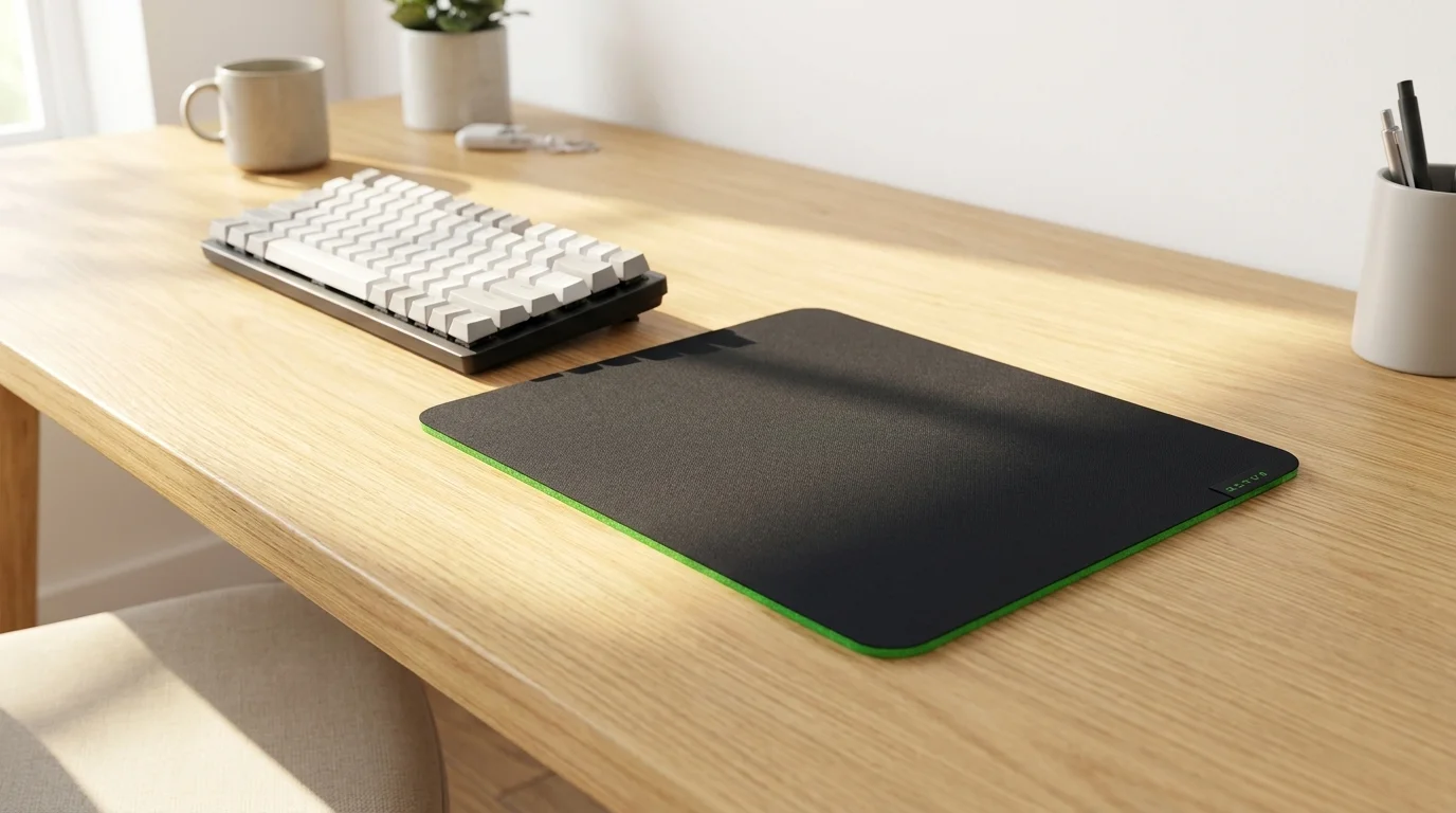 Čierna podložka pod myš Razer Gigantus V2 so zelenou spodnou stranou položená na drevenom stole vedľa klávesnice.