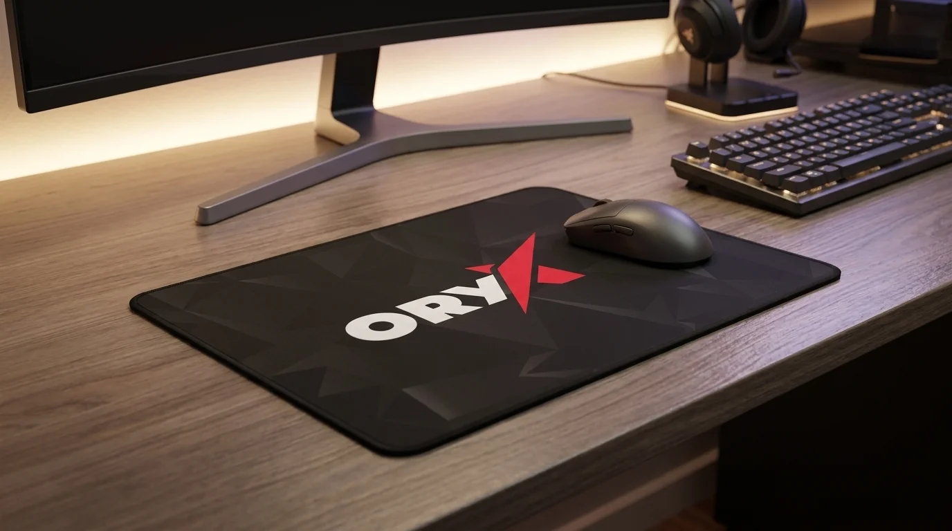 Podložka pod myš Niceboy ORYX PAD s položenou myšou na drevenom stole vedľa klávesnice.