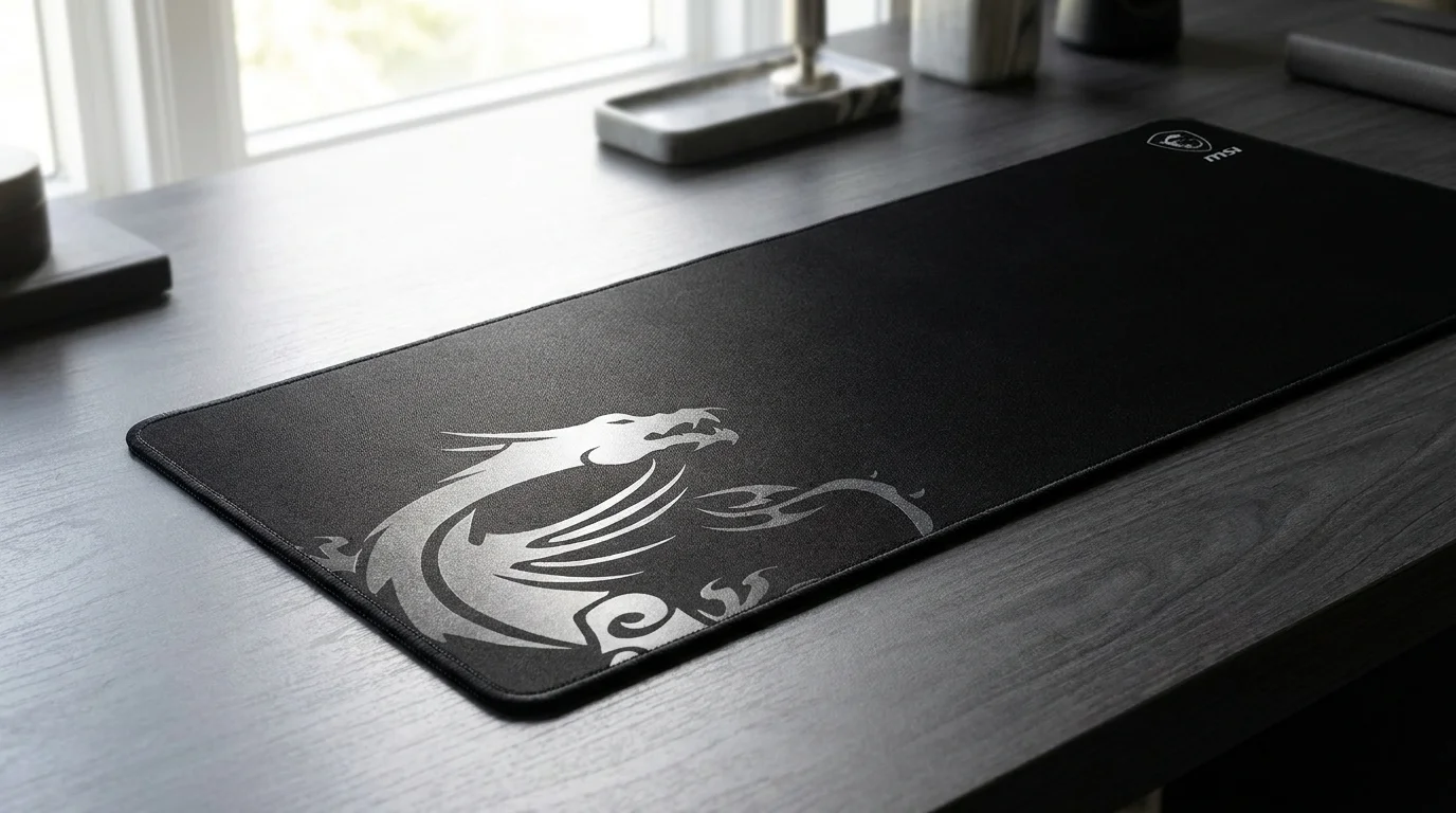 Černá herní podložka pod myš MSI Agility GD70 s motivem draka a obšitými okraji položená na tmavém stole.