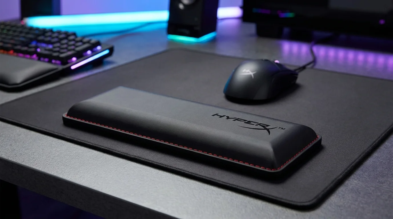 Černá opěrka zápěstí HyperX Wrist Rest Mouse s červeným prošitím na černé podložce před počítačovou myší.