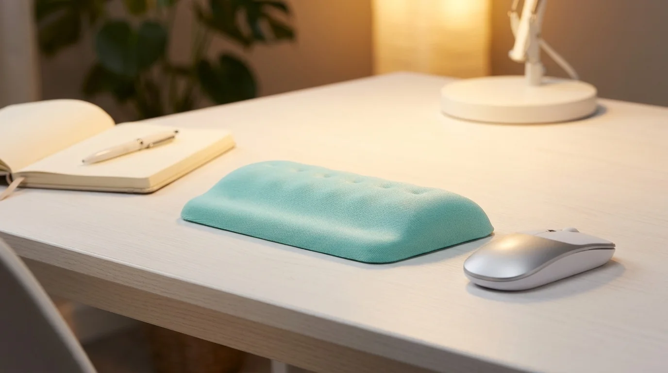 Mintová ergonomická podložka pod zápěstí Powerton Ergoline položená na pracovním stole vedle počítačové myši.