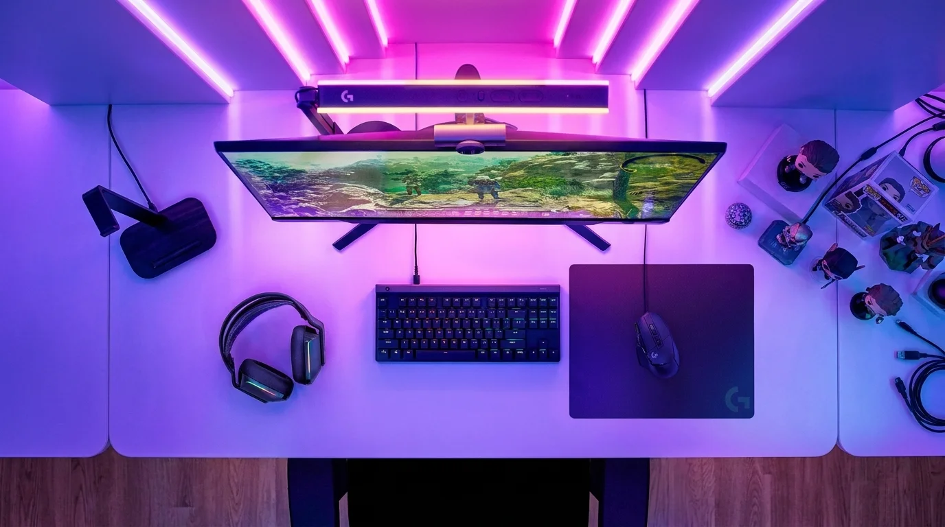 Černá herní podložka Logitech G440 s myší na stole v herním koutku s monitorem, klávesnicí a fialovým osvětlením.