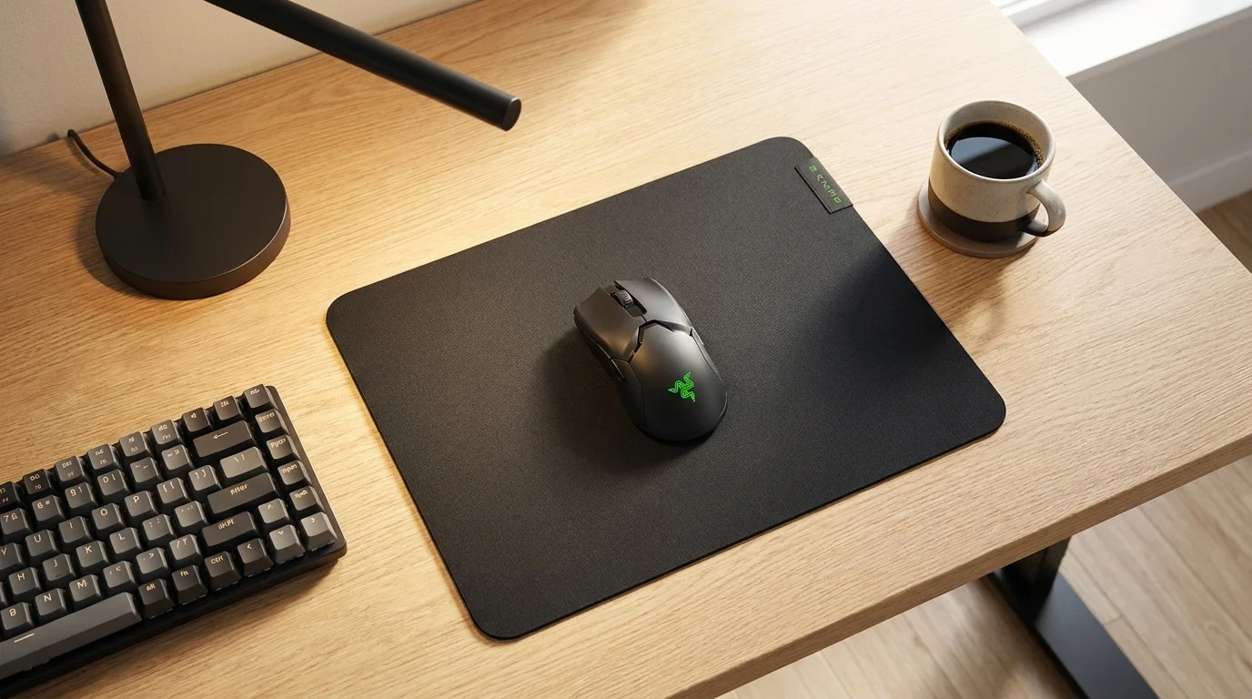 Čierna herná podložka pod myš Razer Gigantus V2 s položenou bezdrôtovou myšou na drevenom stole vedľa klávesnice.