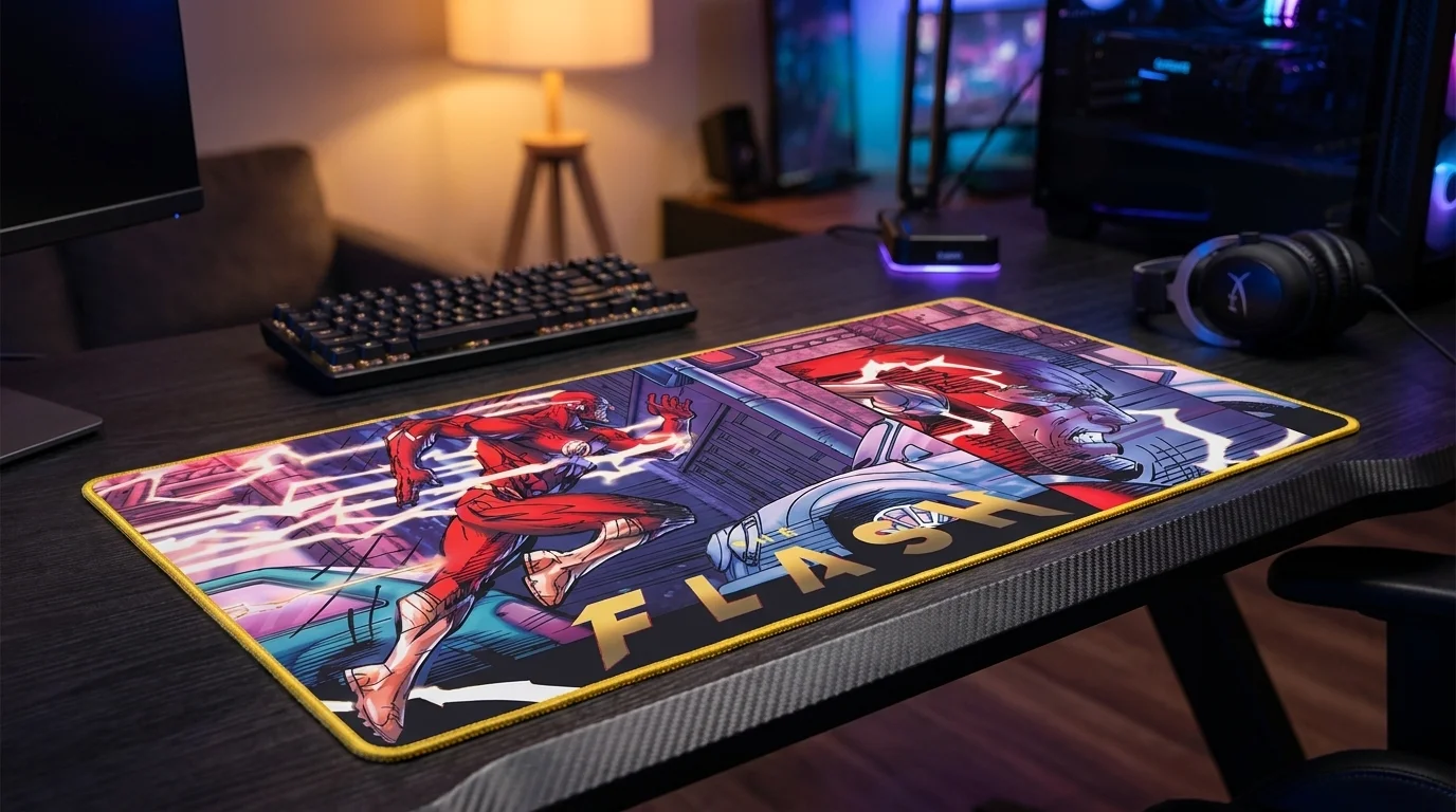 Herní podložka Superdrive Flash XXL s komiksovým motivem The Flash a žlutým obšitým lemem položená na herním stole.