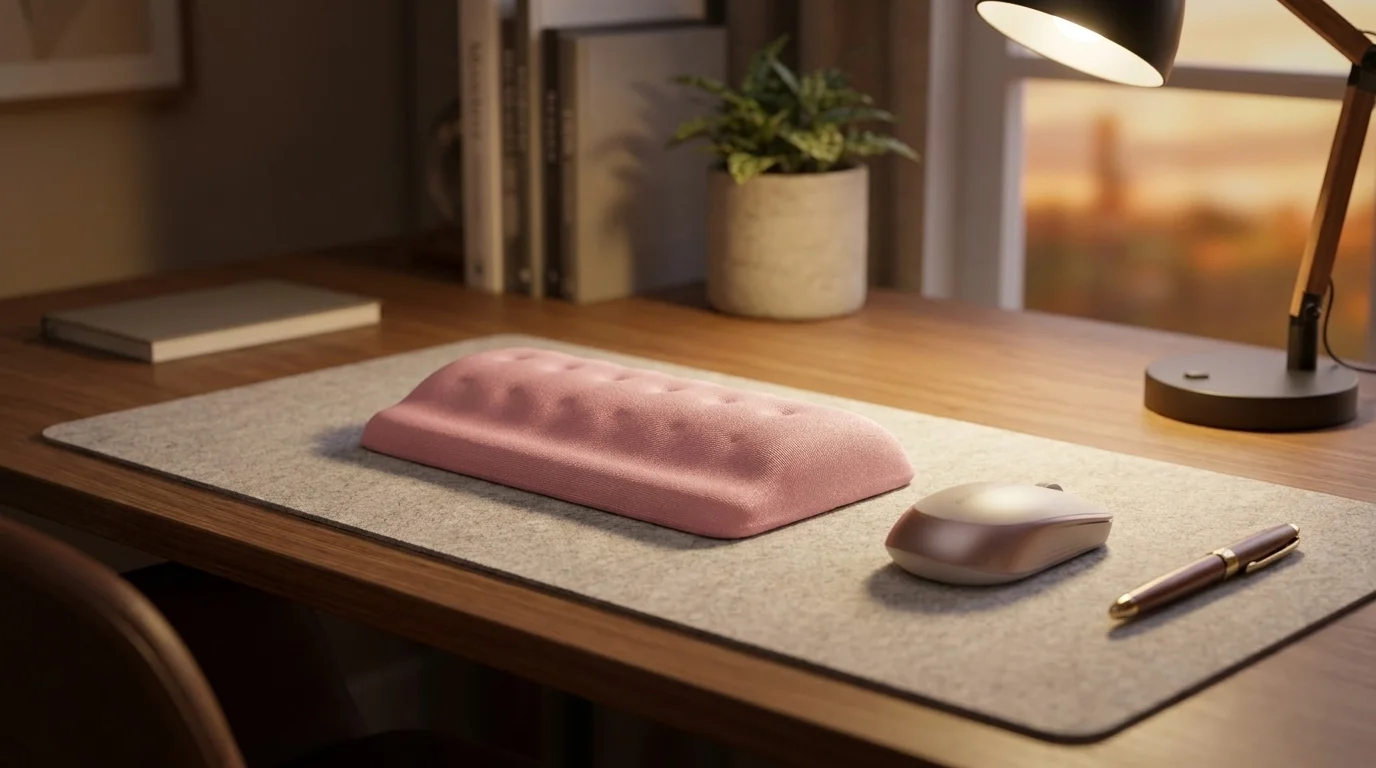 Růžová ergonomická podložka pod zápěstí Powerton Ergoline na šedé podložce na pracovním stole vedle počítačové myši.
