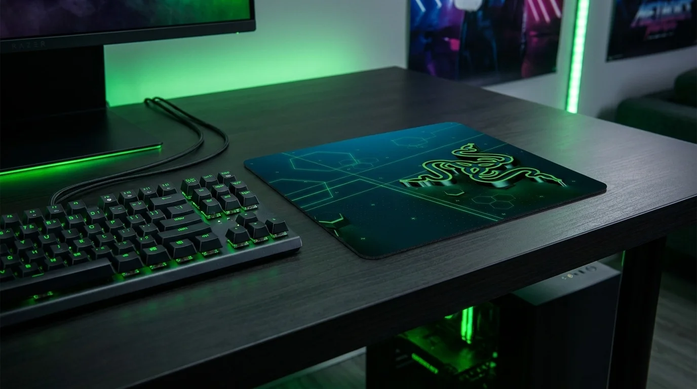 Herná podložka pod myš Razer Goliathus Mobile na tmavom stole vedľa klávesnice so zeleným podsvietením.