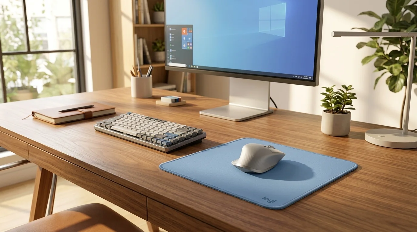 Modrá textilní podložka pod myš Logitech Studio Series s bezdrátovou myší na dřevěném pracovním stole.