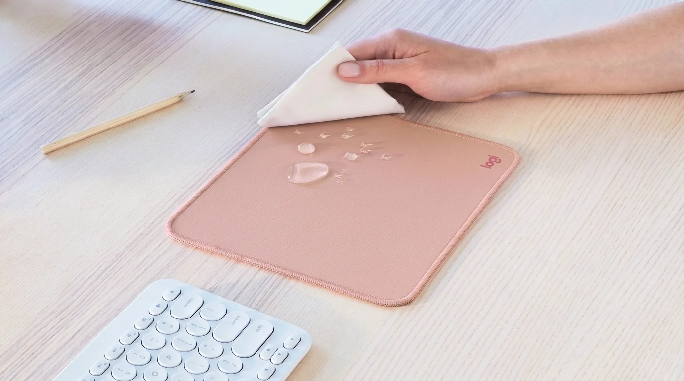 Ruka otírá ubrouskem kapky tekutiny z růžové podložky pod myš Logitech Studio Series položené na stole vedle klávesnice.
