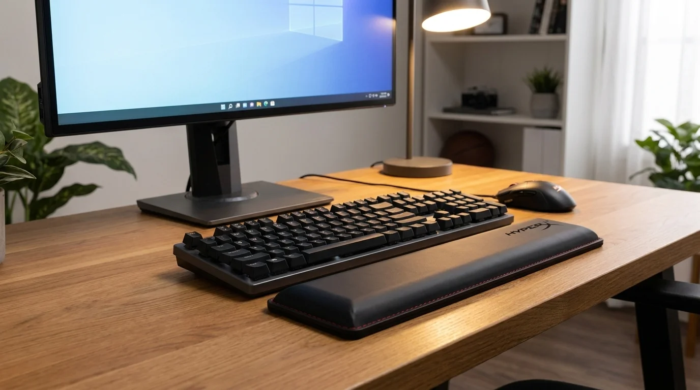 Čierna opierka zápästia HyperX umiestnená pred klávesnicou na drevenom pracovnom stole vedľa počítačovej myši a monitora.