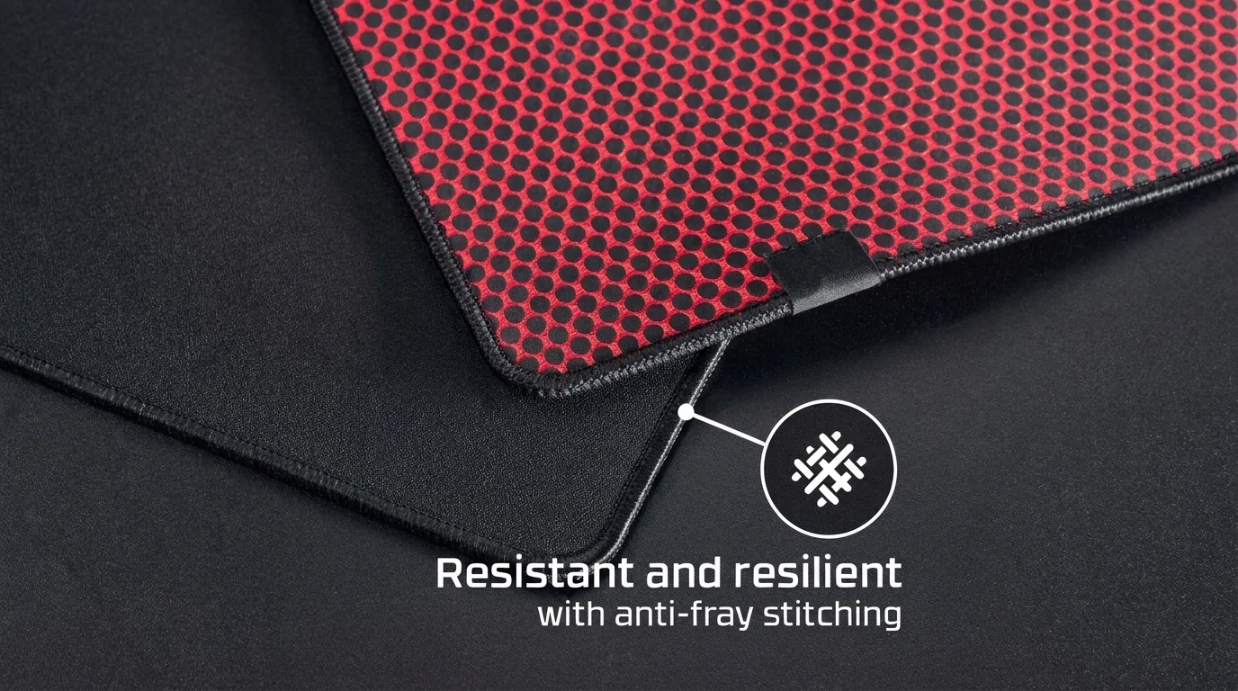 Detail plochého obšitia okraja podložky pod myš HyperX Pulsefire Mat odolného proti strapkaniu.