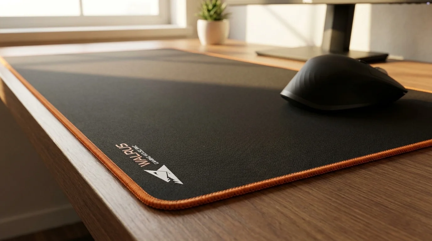 Černá podložka pod myš Baracuda WALRUS-XL s oranžovým obšitým okrajem a černou myší na dřevěném stole.