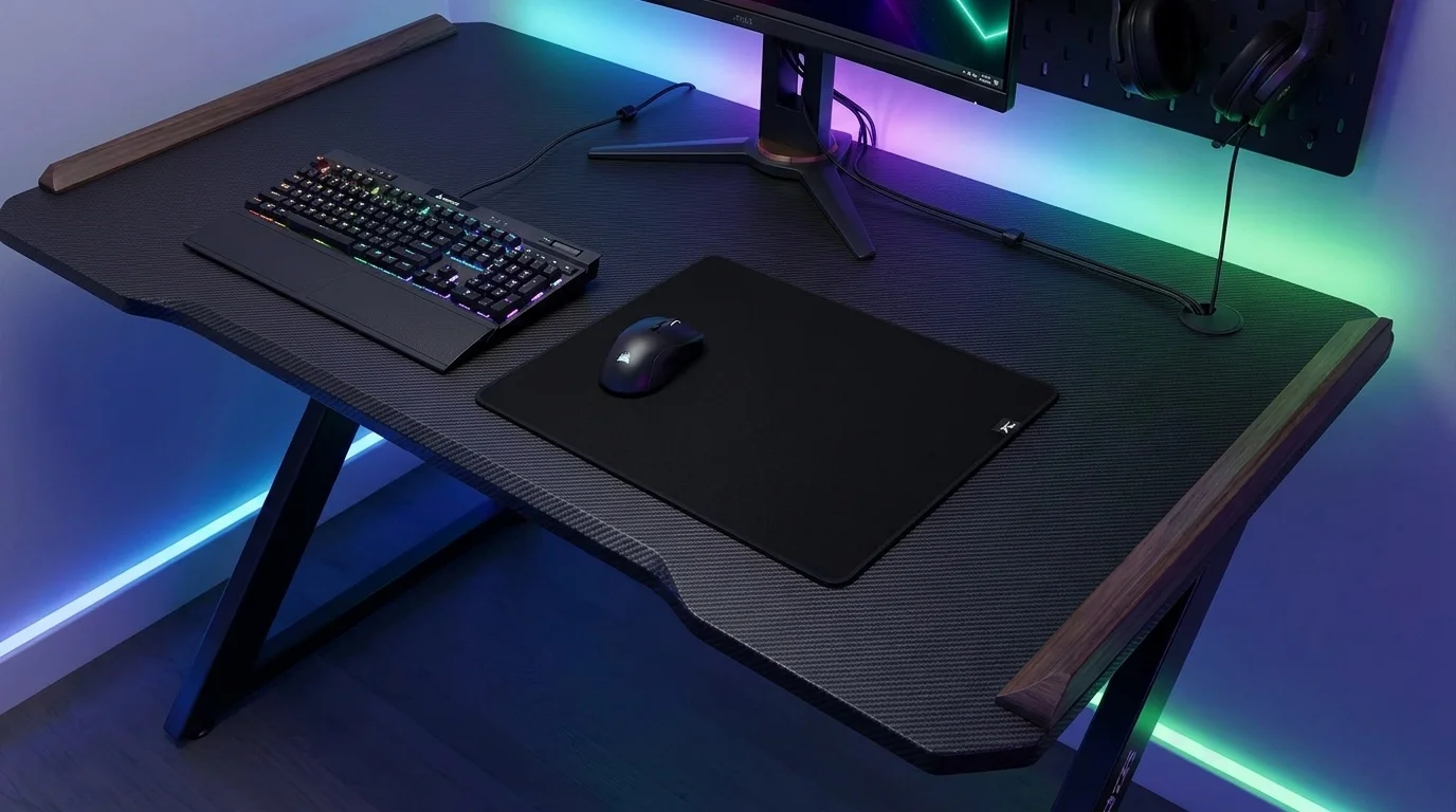 Čierna podložka pod myš HyperX Pulsefire Mat M s položenou myšou na hernom stole vedľa klávesnice.
