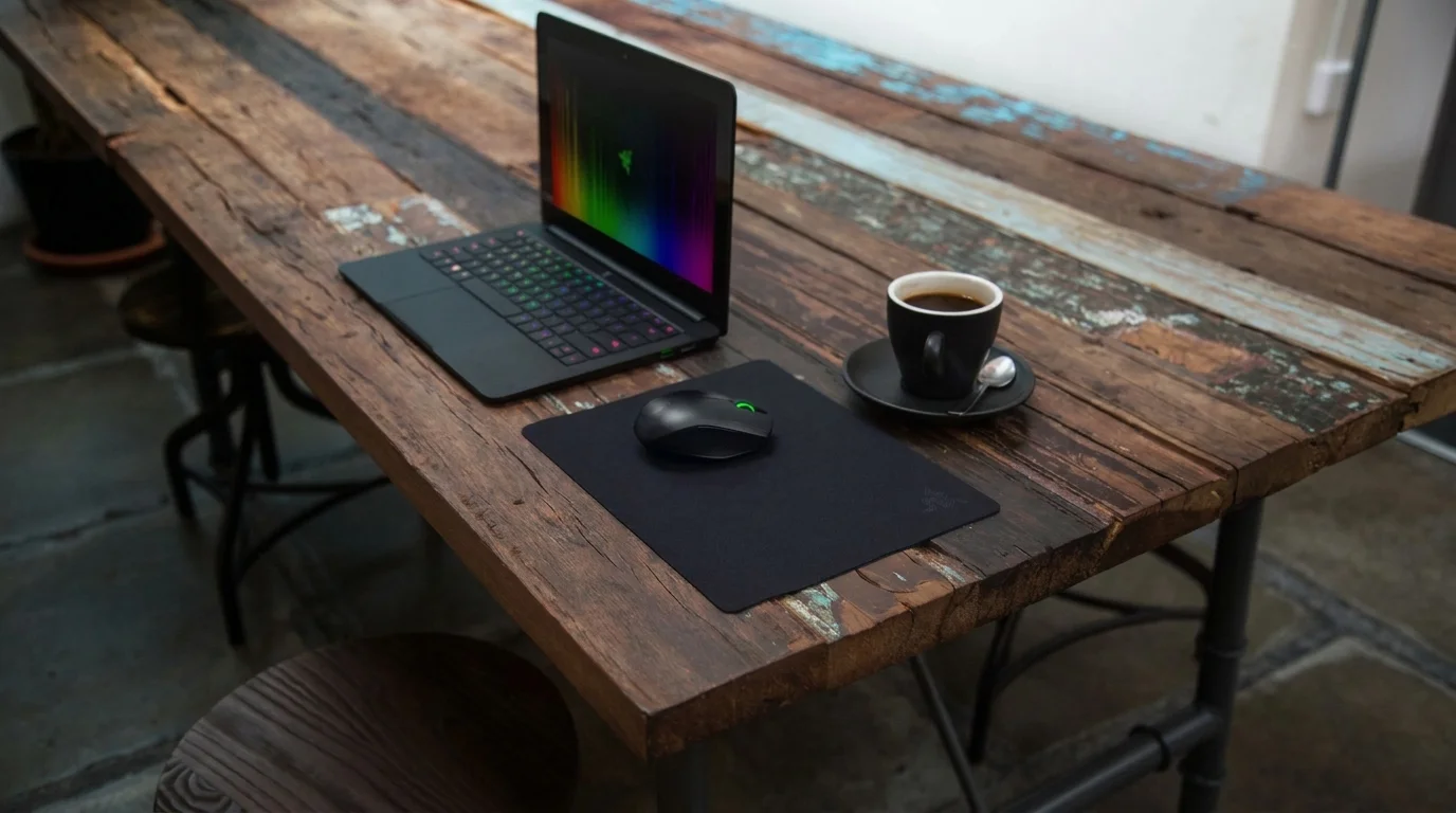 Čierna podložka pod myš Razer Goliathus Mobile Stealth Edition s myšou na drevenom stole vedľa notebooku a šálky kávy.