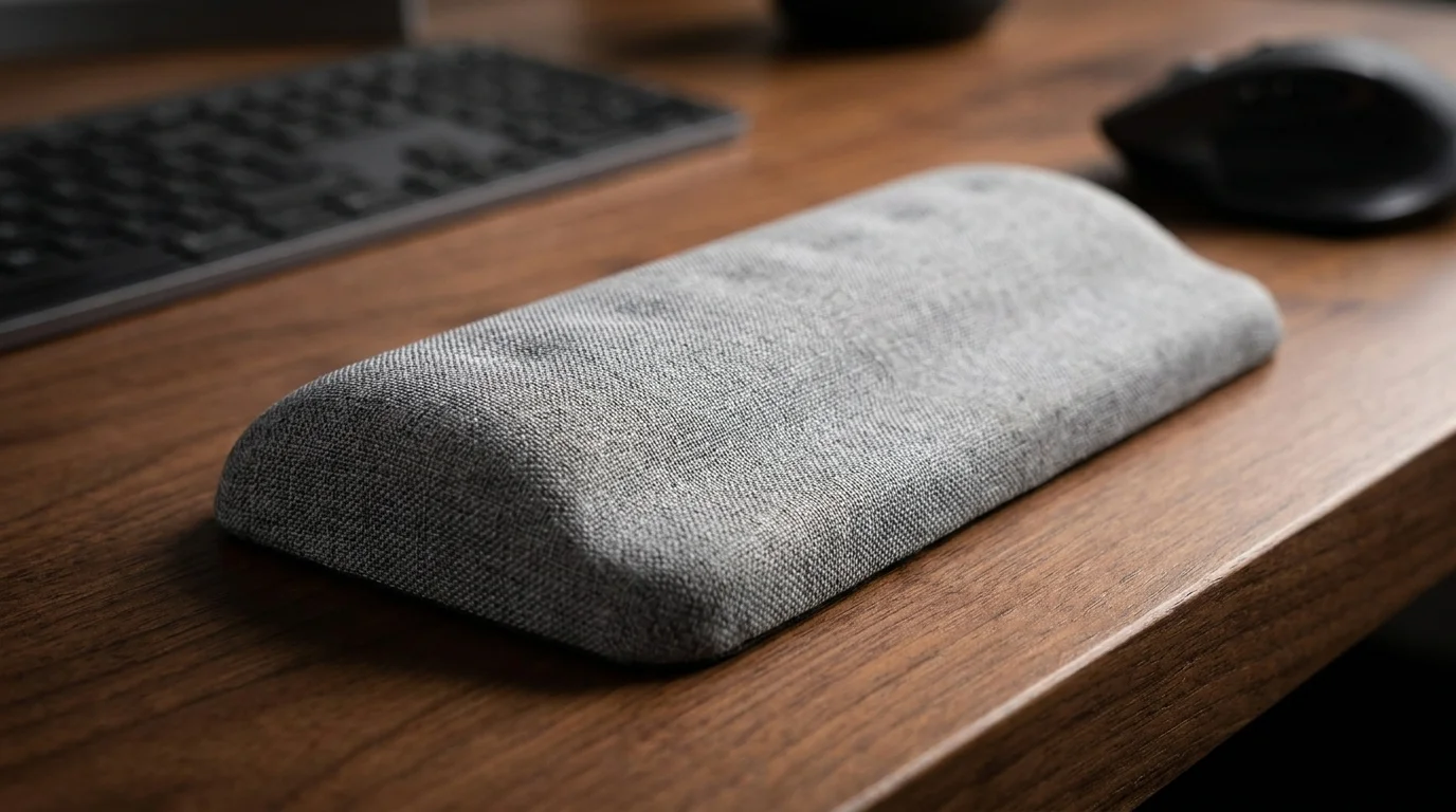 Šedá ergonomická podložka pod zápěstí Powerton Ergoline s textilním povrchem na dřevěném stole.