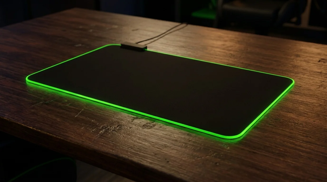 Černá herní podložka pod myš Razer Goliathus Chroma se zeleným RGB podsvícením po obvodu, položená na dřevěném stole.
