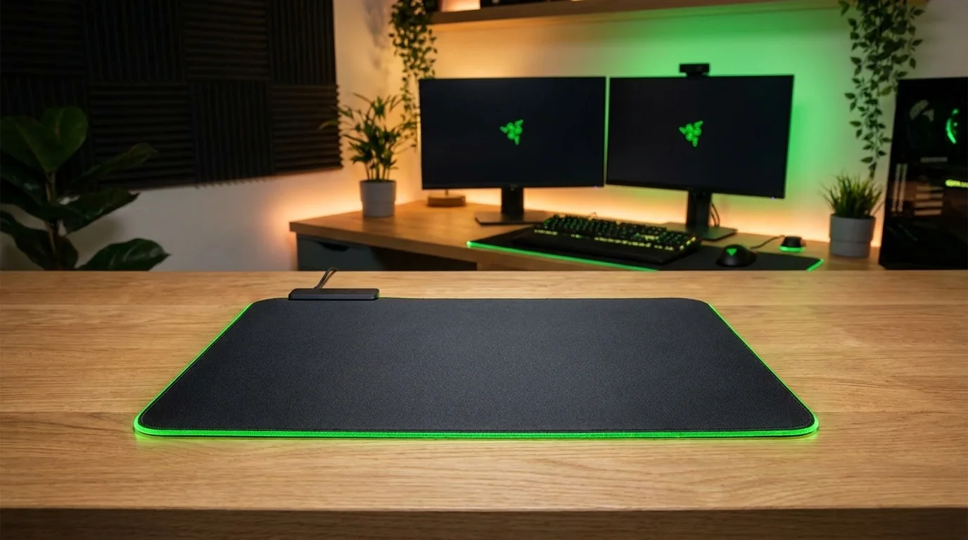 Černá herní podložka pod myš Razer Goliathus Chroma se zeleným podsvícením okrajů položená na dřevěném stole.