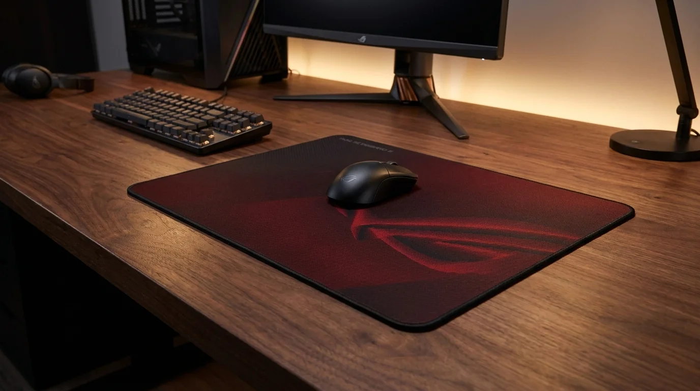 Čierno-červená herná podložka ASUS ROG Scabbard II Medium s myšou položená na drevenom stole.