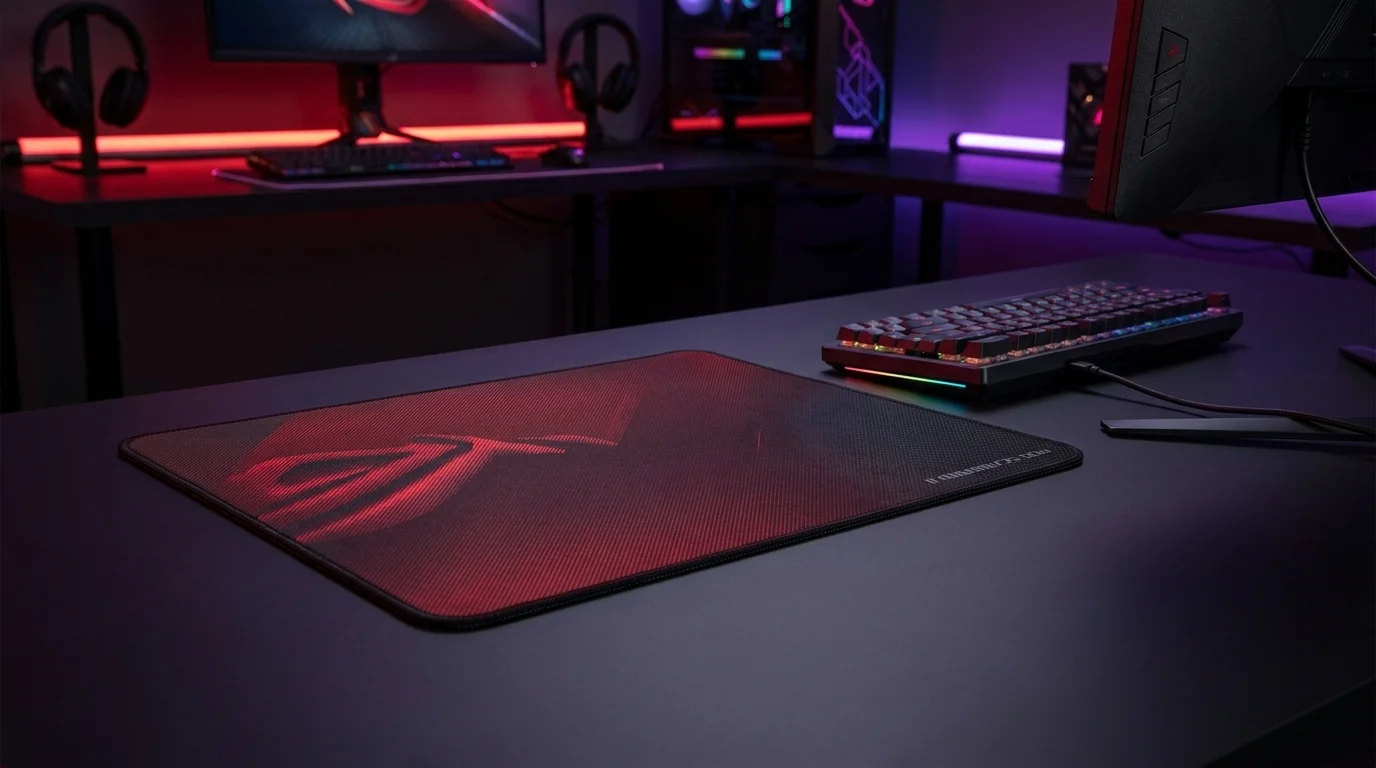 Čierno-červená herná podložka pod myš ASUS ROG Scabbard II položená na tmavom stole vedľa klávesnice.
