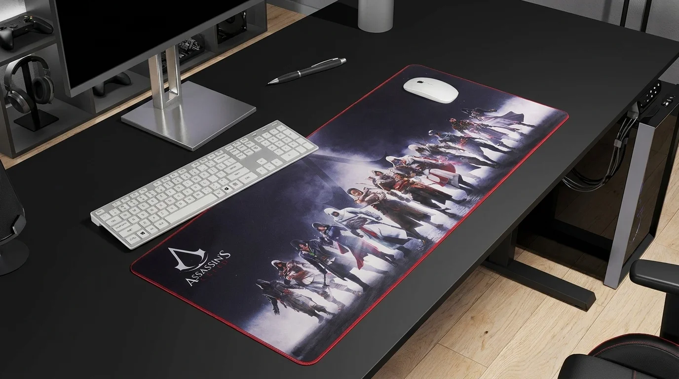 Podložka pod myš Superdrive Assassin's Creed XXL na černém stole s položenou bílou myší vedle klávesnice.