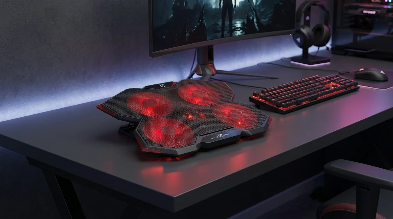 Chladicí podložka White Shark ICE WIZARD s červeným LED podsvícením ventilátorů položená na herním stole vedle klávesnice a monitoru.