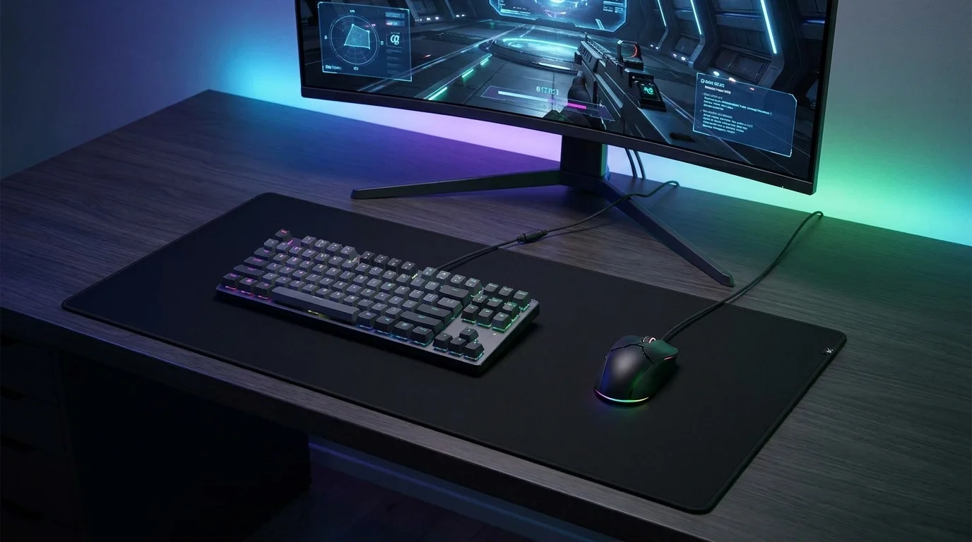 Čierna herná podložka HyperX Pulsefire na stole s položenou klávesnicou, myšou a herným monitorom.