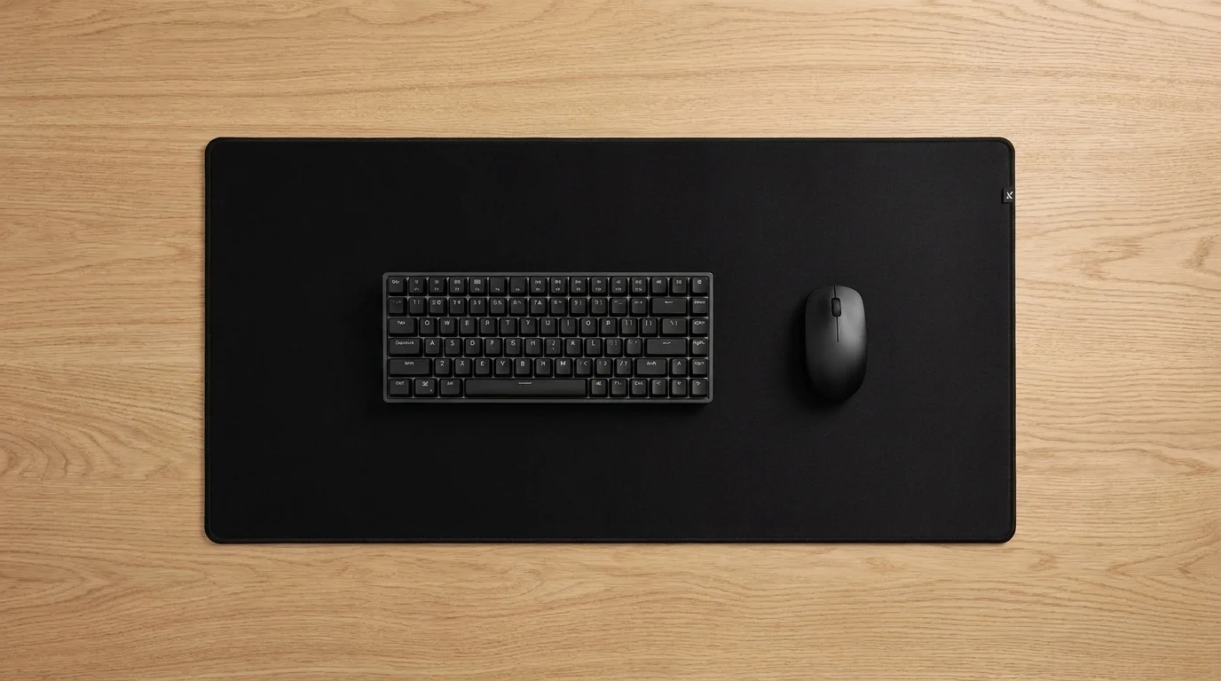 Čierna podložka pod myš HyperX Pulsefire 2XL na drevenom stole s položenou klávesnicou a myšou.
