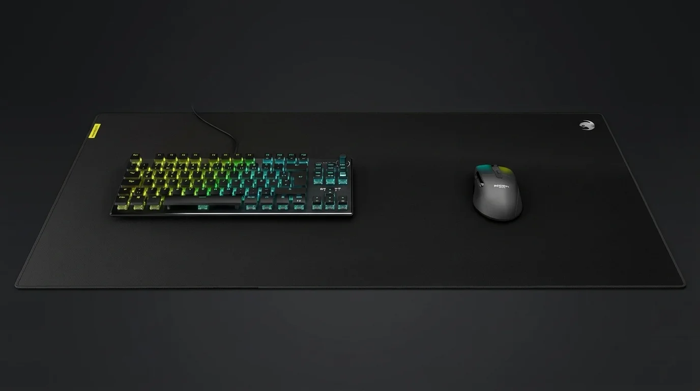 Černá podložka pod myš ROCCAT Sense Pro XXL s položenou podsvícenou klávesnicí a herní myší na tmavém stole.