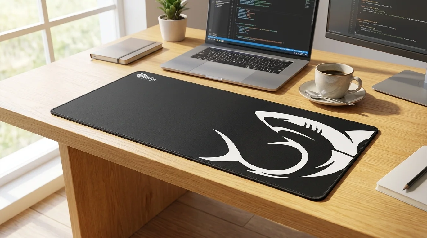 Čierna herná podložka pod myš White Shark s bielou grafikou žraloka na drevenom stole pri notebooku.