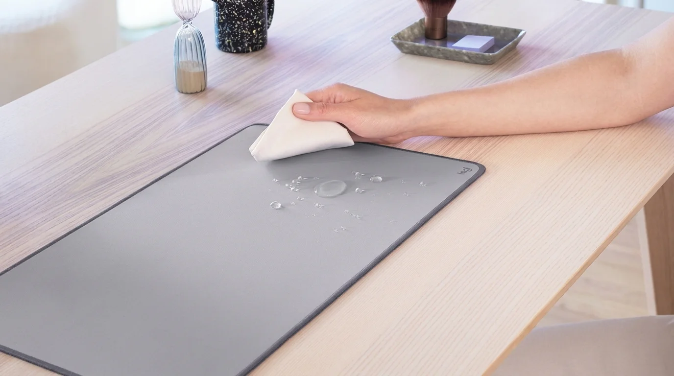 Ruka stírá ubrouskem kapky vody z šedé podložky Logitech Studio Series na dřevěném stole.