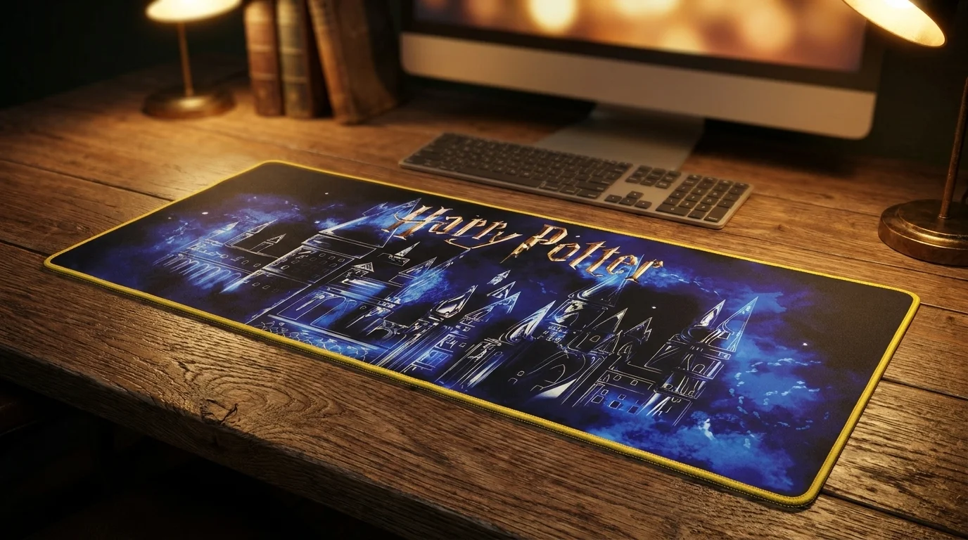 Podložka pod myš Superdrive Harry Potter XXL s nočním motivem Bradavic položená na dřevěném stole před klávesnicí.