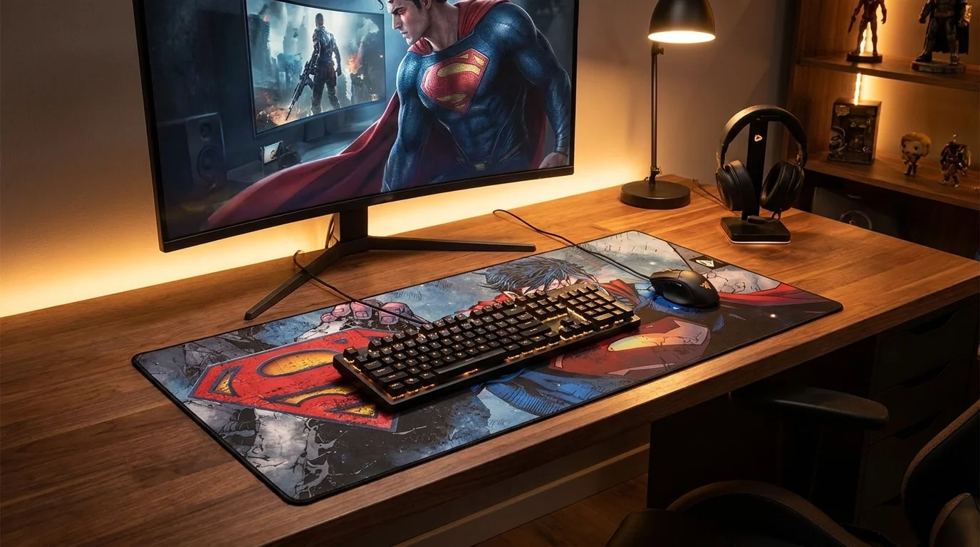 Herní podložka Superdrive Superman XXL na dřevěném stole s položenou klávesnicí a myší před monitorem.