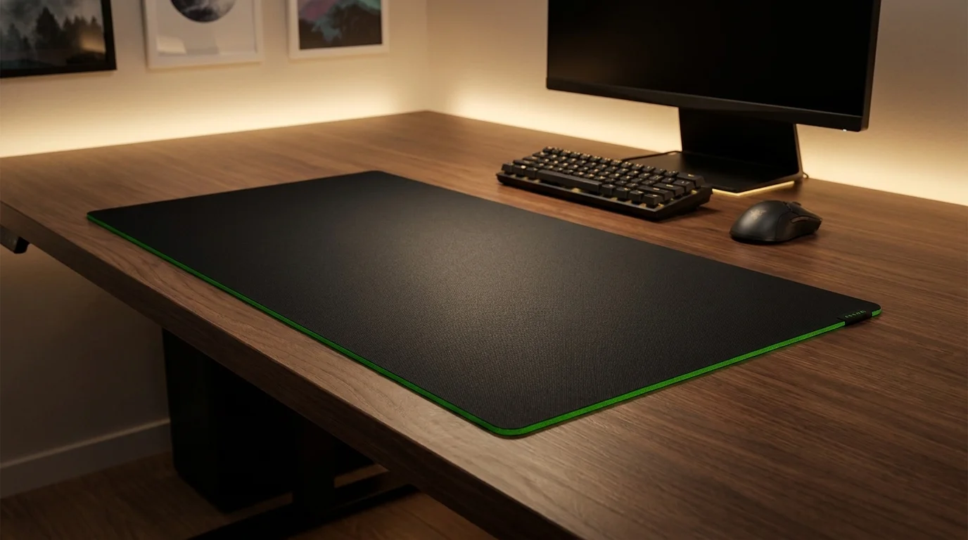 Čierna podložka pod myš Razer Gigantus V2 so zelenou spodnou vrstvou na drevenom stole vedľa klávesnice a myši.